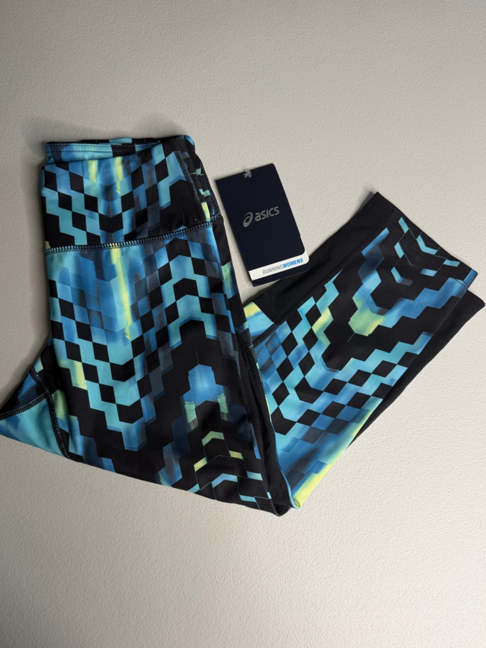 NWT ASICS Blue Geometric Print Leggings XS | Athletic Running Workout Activewear